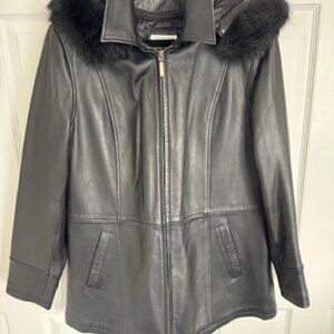 Black Faux Leather Winter Coat w/ Faux Fur Lined Hood and Removable lining